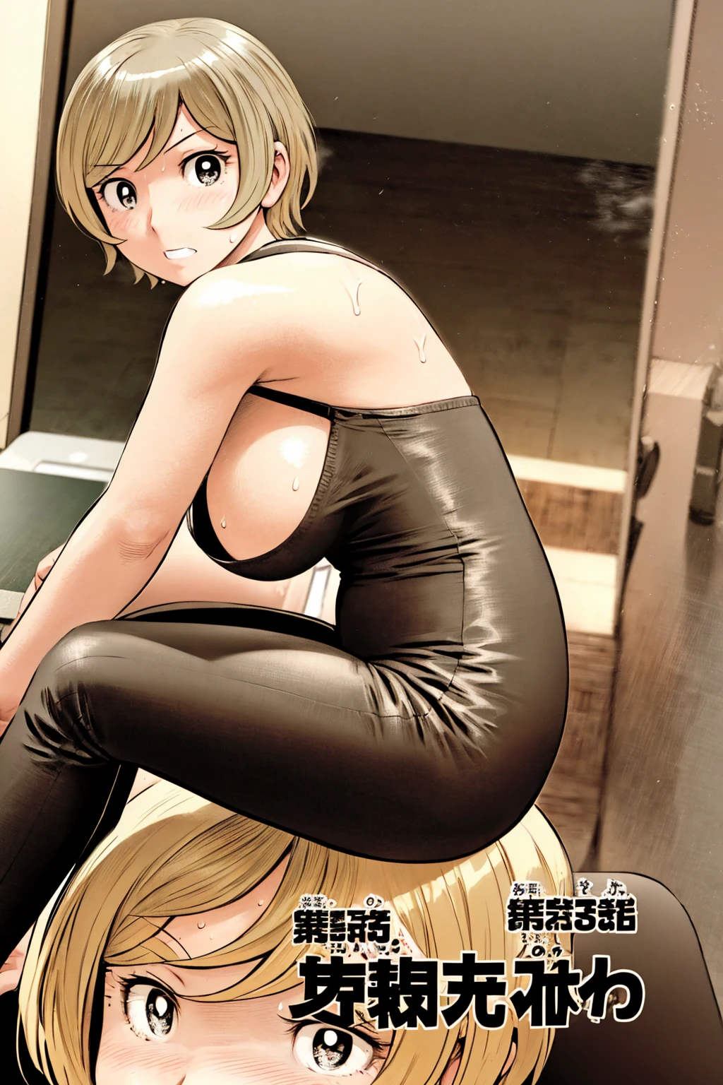 、(masterpiece、Highest quality)、Highest quality, Ultra-high resolution, (((masterpiece))), alone, Sweat、Big eyes,office、tight white dress shirt、Tight black suit、Tight black pants、indoor、Composition from the front、(後ろCut your hair short、short hair、blonde、woman)、Shortcuts、Embarrassed face、Cut your hair short、可愛いwomanの子、Big Breasts、Sit on a chair、Face to face、Composition from the front、View your audience