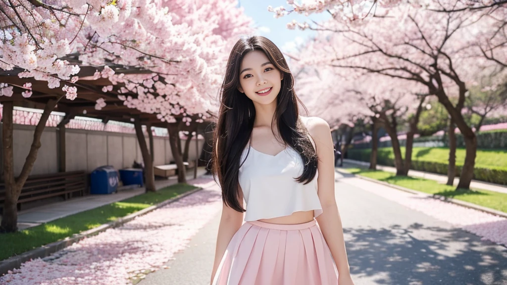 Draw a sexy 20-year-old girl with straight long black hair, smiling while standing in a tunnel of cherry blossoms. She is wearing a mini skirt and a top with a low neckline, emphasizing her figure. The spring light bathes her, with pink petals fluttering in the wind. The background features a blue sky and white clouds, evoking a sense of hope for the future and the beginning of a new season. The girl's gaze is fixed on the future, with a radiant smile that stands out. Capture a scene where her smile blooms under the cherry blossoms, illuminating her bright future.