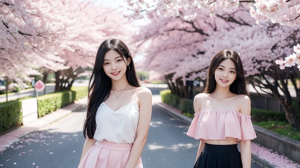 Draw a sexy 20-year-old girl with straight long black hair, smiling while standing in a tunnel of cherry blossoms. She is wearing a mini skirt and a top with a low neckline, emphasizing her figure. The spring light bathes her, with pink petals fluttering in the wind. The background features a blue sky and white clouds, evoking a sense of hope for the future and the beginning of a new season. The girl's gaze is fixed on the future, with a radiant smile that stands out. Capture a scene where her smile blooms under the cherry blossoms, illuminating her bright future.