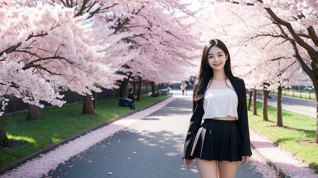 Draw a sexy 20-year-old girl with straight long black hair, smiling while standing in a tunnel of cherry blossoms. She is wearing a mini skirt and a top with a low neckline, emphasizing her figure. The spring light bathes her, with pink petals fluttering in the wind. The background features a blue sky and white clouds, evoking a sense of hope for the future and the beginning of a new season. The girl's gaze is fixed on the future, with a radiant smile that stands out. Capture a scene where her smile blooms under the cherry blossoms, illuminating her bright future.