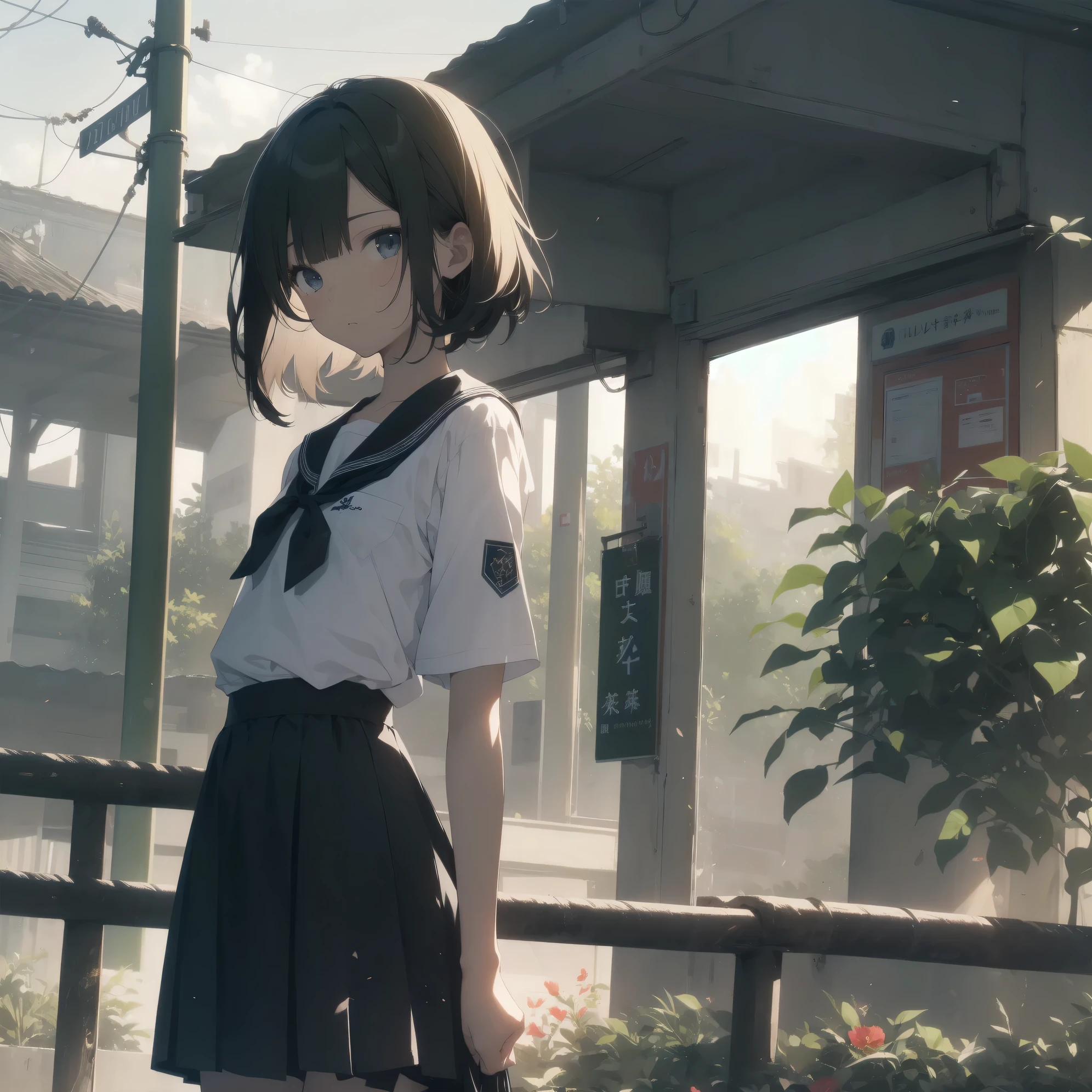 ultra-absurdres-Top quality by artist God, ultra-detailed, high resolution, anime moe artstyle, best anime 8k konachan wallpaper, pixiv contest winner, pool:2810, perfect anatomy,break, 1girl, (Please draw a girl walking sleepily to school alone. )break,(Solo,little female, 13-year-old:1.3),Full limbs, complete fingers,a junior high school student, (very short hair), short cut, flat chest, , small butt, small black eyes, beautiful detailed eyes, well-proportioned iris and pupils, expressive eyes, highres detailed hair, soft expression, salor school_uniform, sailor collar, serahuku, bow, pleated skirt,(Detailed Lighting), (Detailed background), in the School commute route. break,super detailed skin, Best cinematic lighting powered by famous artist, 8k,beauty illustration,photoshop_(medium),very aesthetic,break,((artist:yuuhagi_(amaretto-no-natsu) )), artist:clamp ,artist:carnelian ,artist:kantoku ,