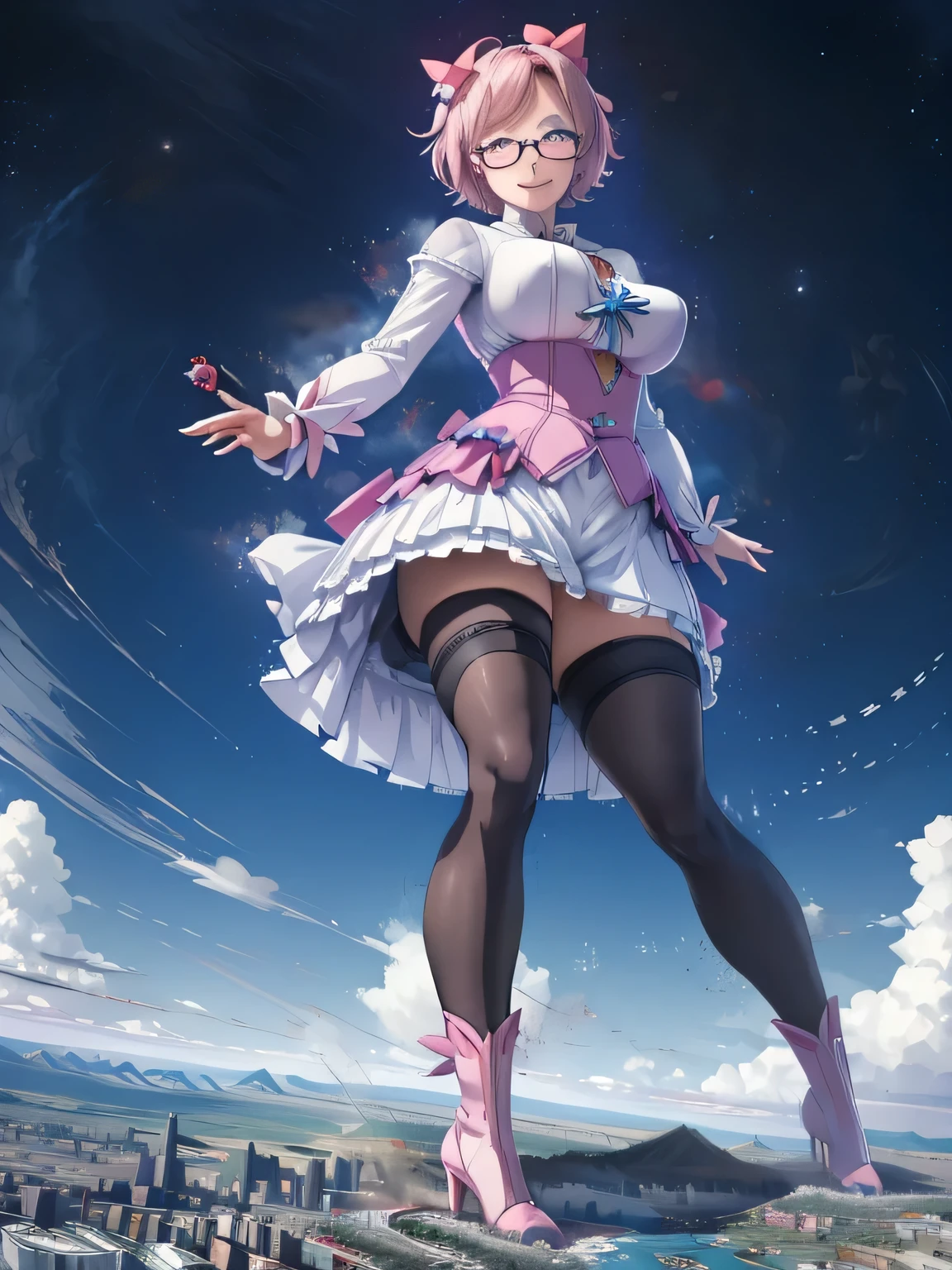 3girls, giantess art, highly detailed giantess shots, giantess, most detailed, perfect face, Two legs, Five fingers, short hair, A beautiful girl who is bigger than a skyscraper, Wearing rimless glasses, smile, huge breasts, blue base magical girl dress, bow, magical girl, holding a magical wand, black pantyhose, blue stiletto heels, thunderbolt from a magical wand, Destroying cities, Under heavy attack, A very small big city, Miniature metropolis, Full body description, GTS, giga giantess, stomping city, crash city, tiny city, micro city, pantyhose feet, High resolution, highest quality, masterpiece,