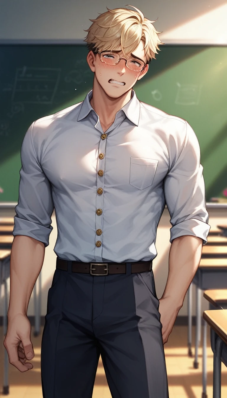 best quality, masterpiece, extremely detailed, handsome young man, skinny build, messy curtain bangs, thick-rimmed glasses, cute preppy college uniform, standing in front of classroom, mathematical equations on blackboard in the background, tearing up, fingers on buttons, embarrassed expression, gay, homoerotic, romantic atmosphere, ambient lighting, extremely dramatic shadows, perfection, no watermark, no logo, no signature
