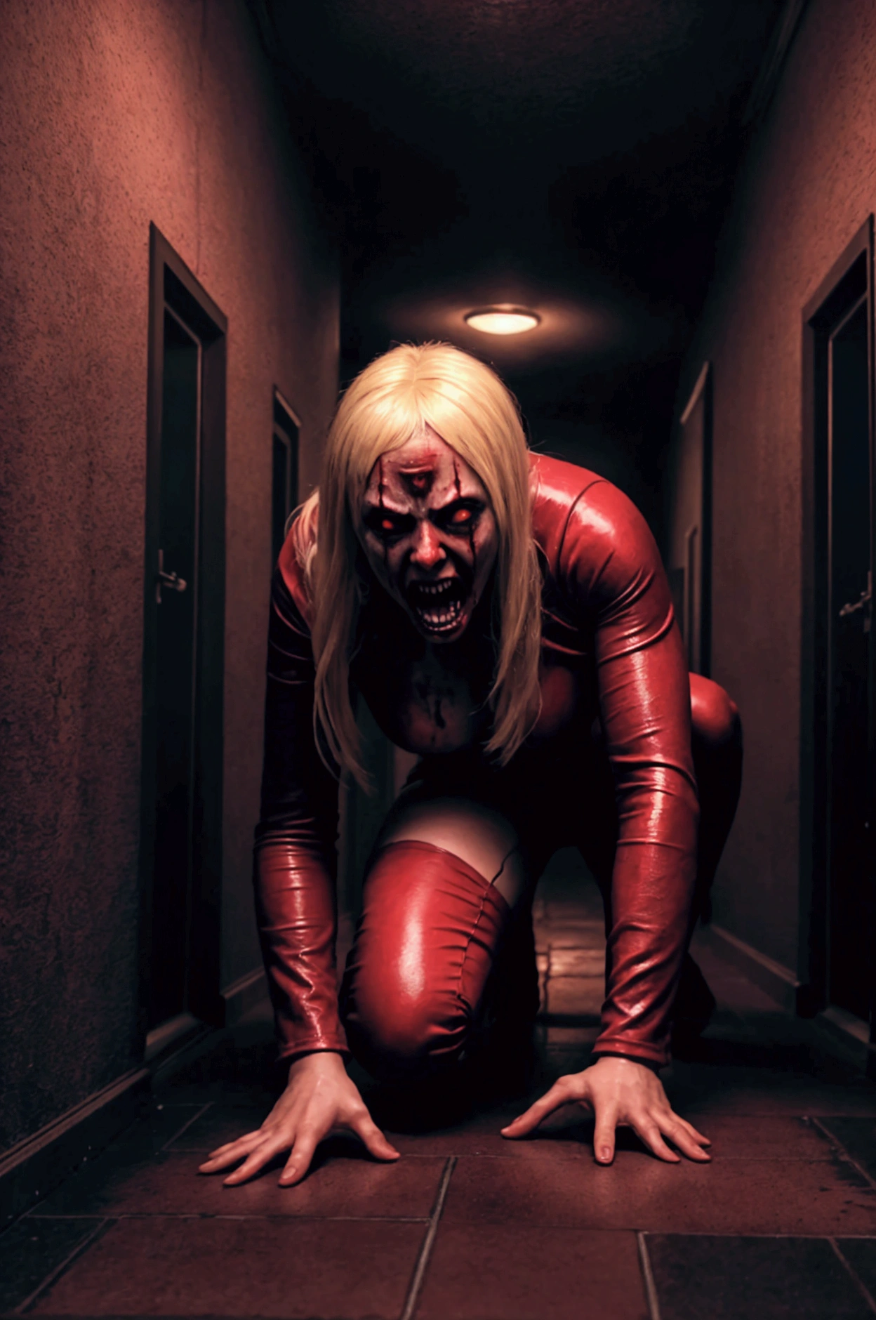 man ultra realistic horror film  ,slasher movie,behind a blonde woman crawling on the floor in a bloody outfit screaming, in the ultra realistic hallway, , ultra realistic very detailed slasher scene,very realistic night with very realistic red sky,very detailed very dark city,hyperrealistic,hyperdetailed,4k,image from horror halloween movie