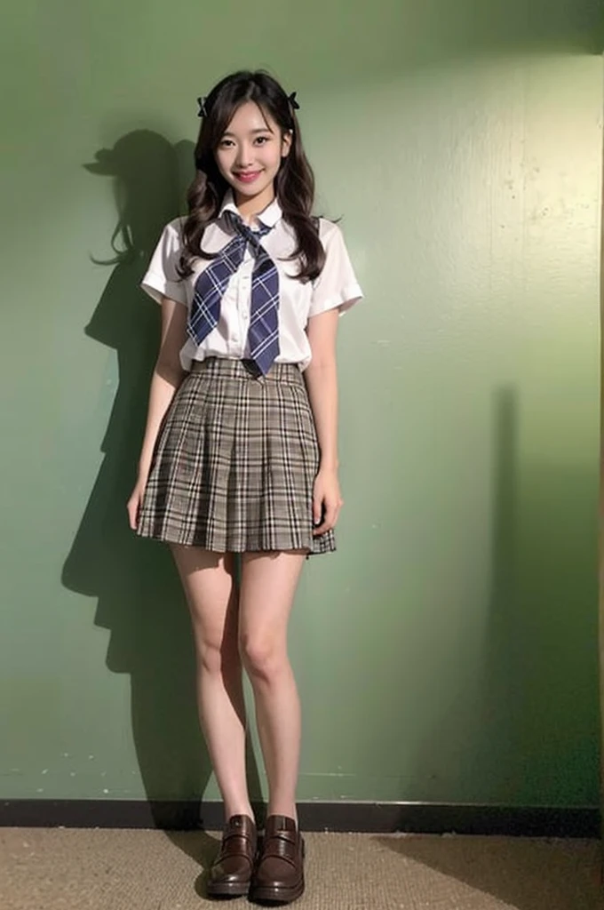 1girl,23yo.strawberry print panties ,.classroom brown eyes, brown hair, cardigan, female pubic hair, full body, gyaru, hair ribbon, lips, loafers, long hair, looking at viewer, panties, plaid, plaid skirt, realistic, red ribbon, , shirt, short sleeves, simple background, sitting, skirt, skirt lift, smile, solo, spls, standing, striped, white neckerchief, white shirt.