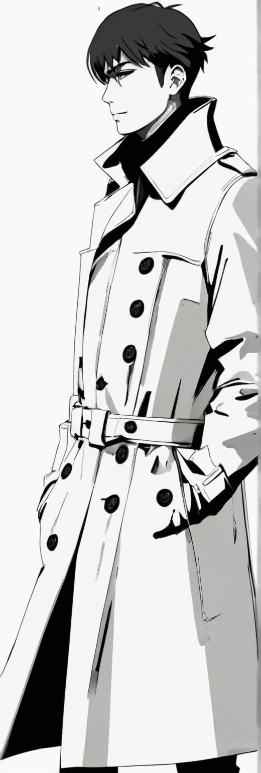 Cartoon illustration of a man wearing a trench coat and boots, Clean line drawing, Sharp line drawing, intense Line Art, Clear lines, Clear anime silhouette, Thick lines, Thick lines, Line Art!!, Beautiful ink lines, illustration sharp detail, Perfect line drawing, Kentaro Miura manga style, Detailed fan art, Clean ink and delicate line drawing。Correct human body structure。Correct dynamics。