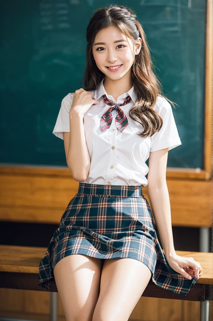1girl,23yo.strawberry print panties ,.classroom brown eyes, brown hair, cardigan, female pubic hair, full body, gyaru, hair ribbon, lips, loafers, long hair, looking at viewer, panties, plaid, plaid skirt, realistic, red ribbon, , shirt, short sleeves, simple background, sitting, skirt, skirt lift, smile, solo, spls, standing, striped, white neckerchief, white shirt.