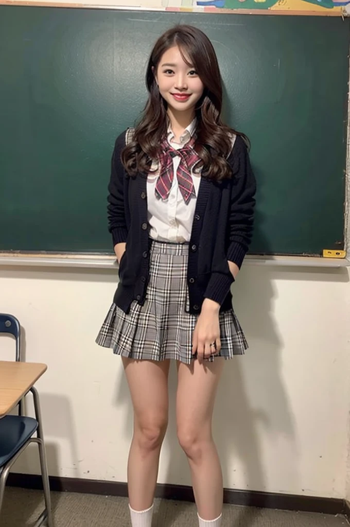 1girl,23yo.strawberry print panties ,.classroom brown eyes, brown hair, cardigan, female pubic hair, full body, gyaru, hair ribbon, lips, loafers, long hair, looking at viewer, panties, plaid, plaid skirt, realistic, red ribbon, , shirt, short sleeves, simple background, sitting, skirt, skirt lift, smile, solo, spls, standing, striped, white neckerchief, white shirt.