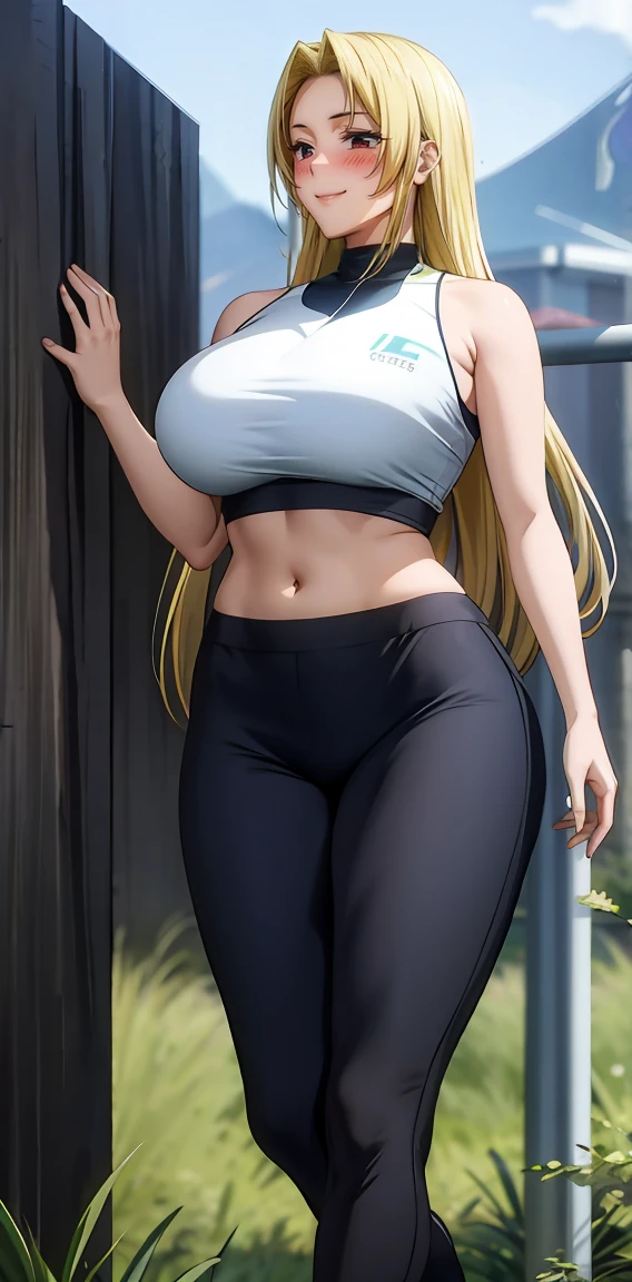 Yuki tsukumo from jujutsu kaisen, long hair, blonde hair, front view detailed body, long belly, big , tight body , thicc medium breast , thicc thighs, standing , front shot, facing at viewer, looking at viewer, facing at viewer, Facing the front, the picture is taken from the front , crop top, bare shoulders, navel, yoga pants, outdoors