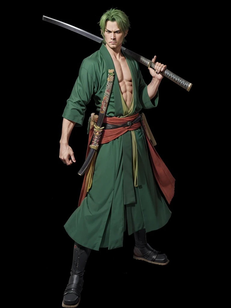 A serious man, short green hair, with green samurai robes, holding a katana in one hand.
