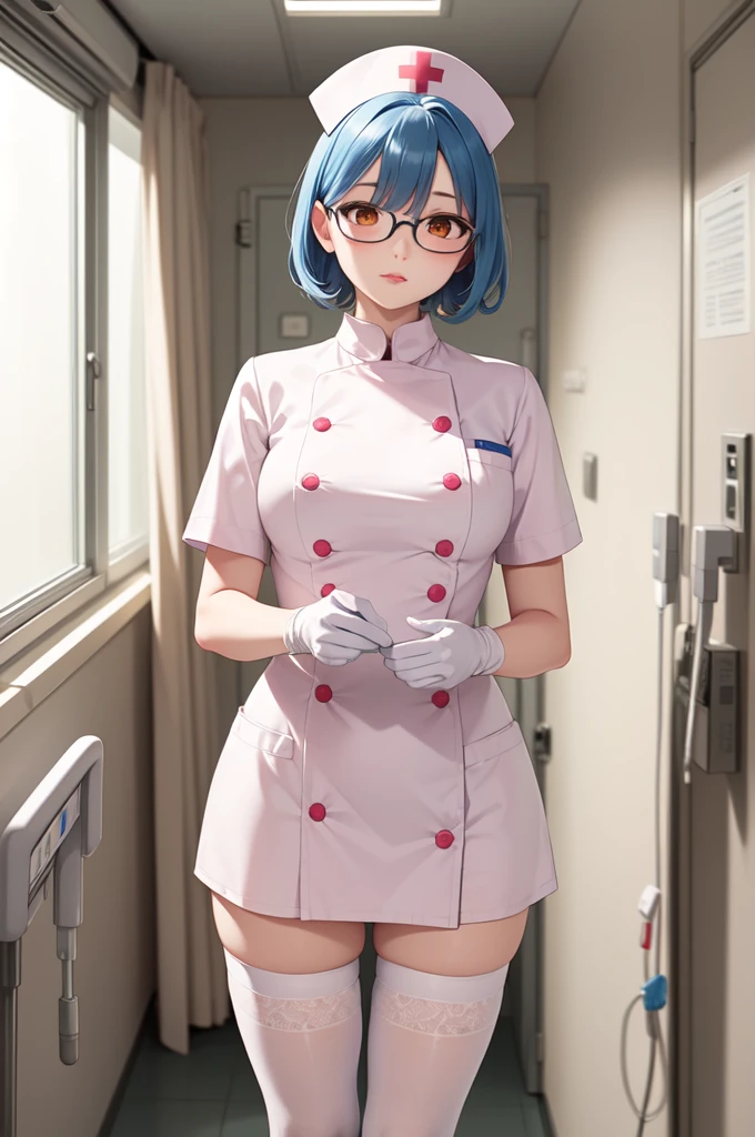 1woman, solo, nurse, white nurse cap, white nurse uniform, ((white legwear, zettai ryouiki)), white gloves, glasses, blue hair, orange eyes, pink lips, no impression, standing, ((hospital room)), sharp outline, short sleeves, mature female, 35 years old, best quality, masterpiece