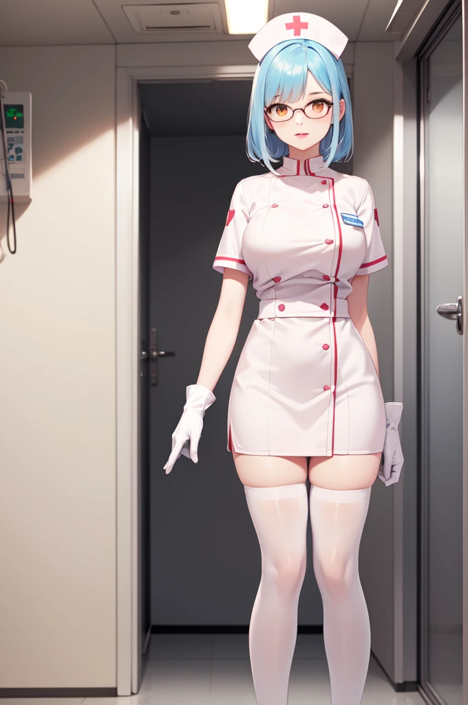 1woman, solo, nurse, white nurse cap, white nurse uniform, ((white legwear, zettai ryouiki)), white gloves, glasses, blue hair, orange eyes, pink lips, no impression, standing, ((hospital room)), sharp outline, short sleeves, mature female, 35 years old, best quality, masterpiece