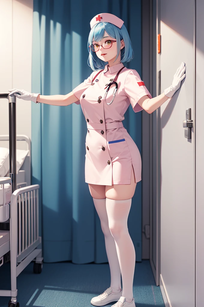 1woman, solo, nurse, white nurse cap, white nurse uniform, ((white legwear, zettai ryouiki)), white gloves, glasses, blue hair, orange eyes, pink lips, no impression, standing, ((hospital room)), sharp outline, short sleeves, mature female, 35 years old, best quality, masterpiece