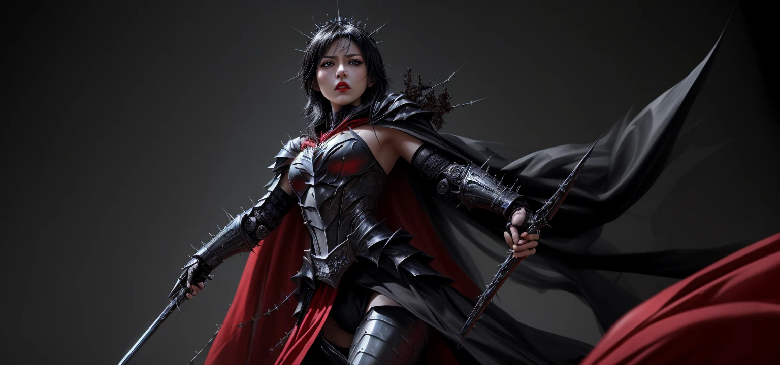 Masterpiece, high quality, super detailed, wallpaper, Women, whole body, black armor, seen from below, looking at the viewer, shaped body, heels with black spikes, short black crown of thorns, very short black hair, Blue eyes, Red lips, Black Eye Makeup, black cape with black embroidery, angry look, Awesome, in various poses, open hands, armored, detailed face, black background, little , without nude