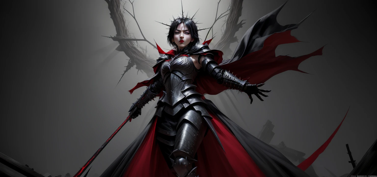 Masterpiece, high quality, super detailed, wallpaper, Women, whole body, black armor, seen from below, looking at the viewer, shaped body, heels with black spikes, short black crown of thorns, very short black hair, Blue eyes, Red lips, Black Eye Makeup, black cape with black embroidery, angry look, Awesome, in various poses, open hands, armored, detailed face, black background, little , without nude