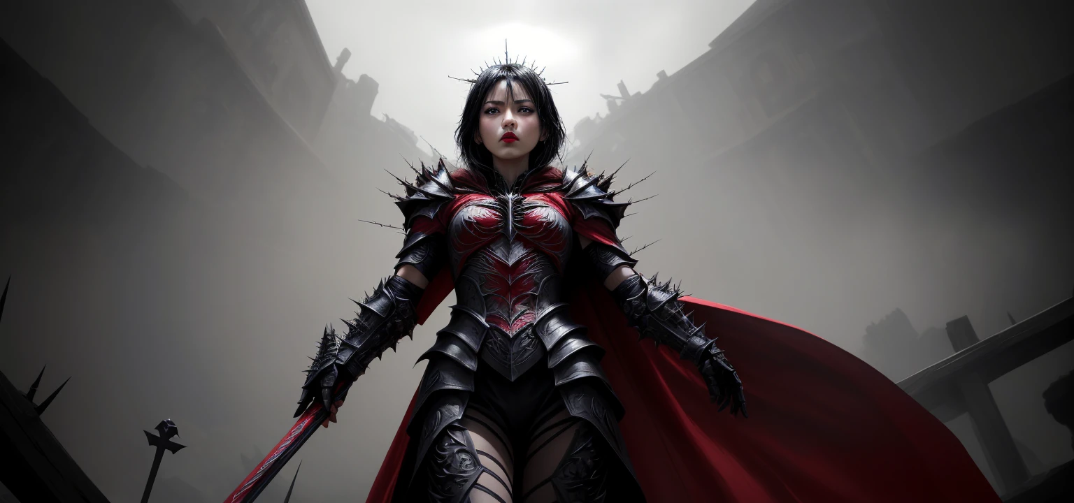 Masterpiece, high quality, super detailed, wallpaper, Women, whole body, black armor, seen from below, looking at the viewer, shaped body, heels with black spikes, short black crown of thorns, very short black hair, Blue eyes, Red lips, Black Eye Makeup, black cape with black embroidery, angry look, Awesome, in various poses, open hands, armored, detailed face, black background, little , without