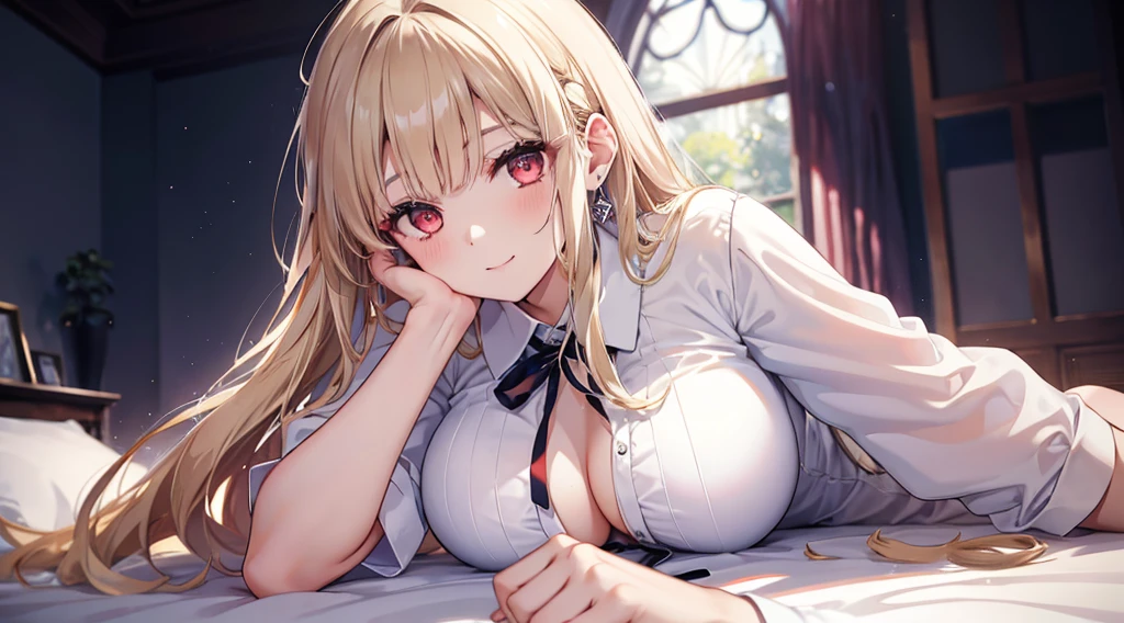 Highest quality, masterpiece, figure, wallpaper,One girl,White shirt, Light Hair, Beautiful detailed girl, Highly detailed eyes and face, Beautiful attention to detail, Shine,Browsing Caution, View your viewers, bed, night, Black Pantyhose, Straight hair, Red Eyes, long hair,Blonde, thick_Thighs, Large Breasts, Red eyes,Sitting,beautiful finger, clear background, deep night, Lying down、smile、Silver earrings