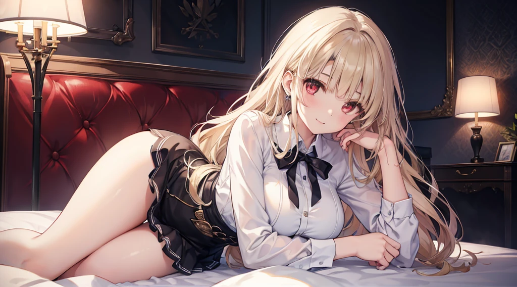 Highest quality, masterpiece, figure, wallpaper,One girl,White shirt, Light Hair, Beautiful detailed girl, Highly detailed eyes and face, Beautiful attention to detail, Shine,Browsing Caution, View your viewers, bed, night, Black Pantyhose, Straight hair, Red Eyes, long hair,Blonde, thick_Thighs, Large Breasts, Red eyes,Sitting,beautiful finger, clear background, deep night, Lying down、smile、Silver earrings