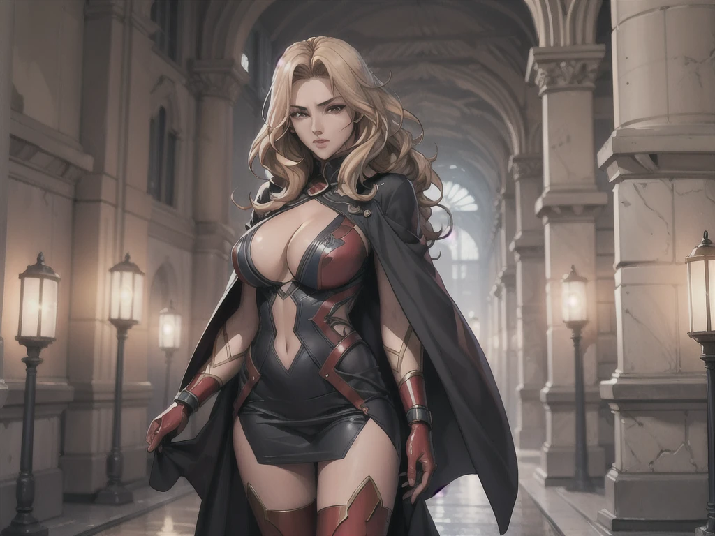 1girl,Alicia Viewsrtream, blonde hair, wavy hair, long hair, red eyes,red lips,red impossible clothes,red elbow gloves,red thigh boots,cape,incredibly absurdres,thighs,realistic,reality,hetero, best quality:1.4, intricate details, sharp focus, highres, elaborate atmosphere:0.90, 8K, 4K, UHD, 32k UHD resolution, Ultra Detailed 8K CG, ultra high res, High quality texture, High quality shadows, vivid colors, detailed eyes, depth of field, soft lighting, masterpiece, best quality, intricate, (lens reflection: 0.7), (flowering: 0.7), particle effects, ray tracing, tone mapping, highly detailed, concept art, smooth, sharp focus, dramatic lighting, highly detailed art,  trending on Artstation, 8K, amazing shadows, realistic, (highly detailed background: 1.2), oda non style, indoors, palace, lights, windows, day,