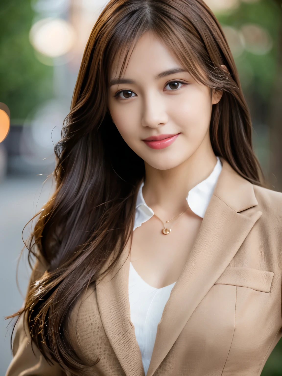 (full body,upright]1.0),masutepiece, Best Quality, Photorealistic, Ultra-detailed, finely detail, High resolution, 8K Wallpaper, 1 beautiful woman,, light brown messy hair, in a brown business suit, foco nítido, Perfect dynamic composition, Beautiful detailed eyes, detailed hairs, Detailed realistic skin texture, Smiling, Close-up portrait, Model body type, Random body orientation,