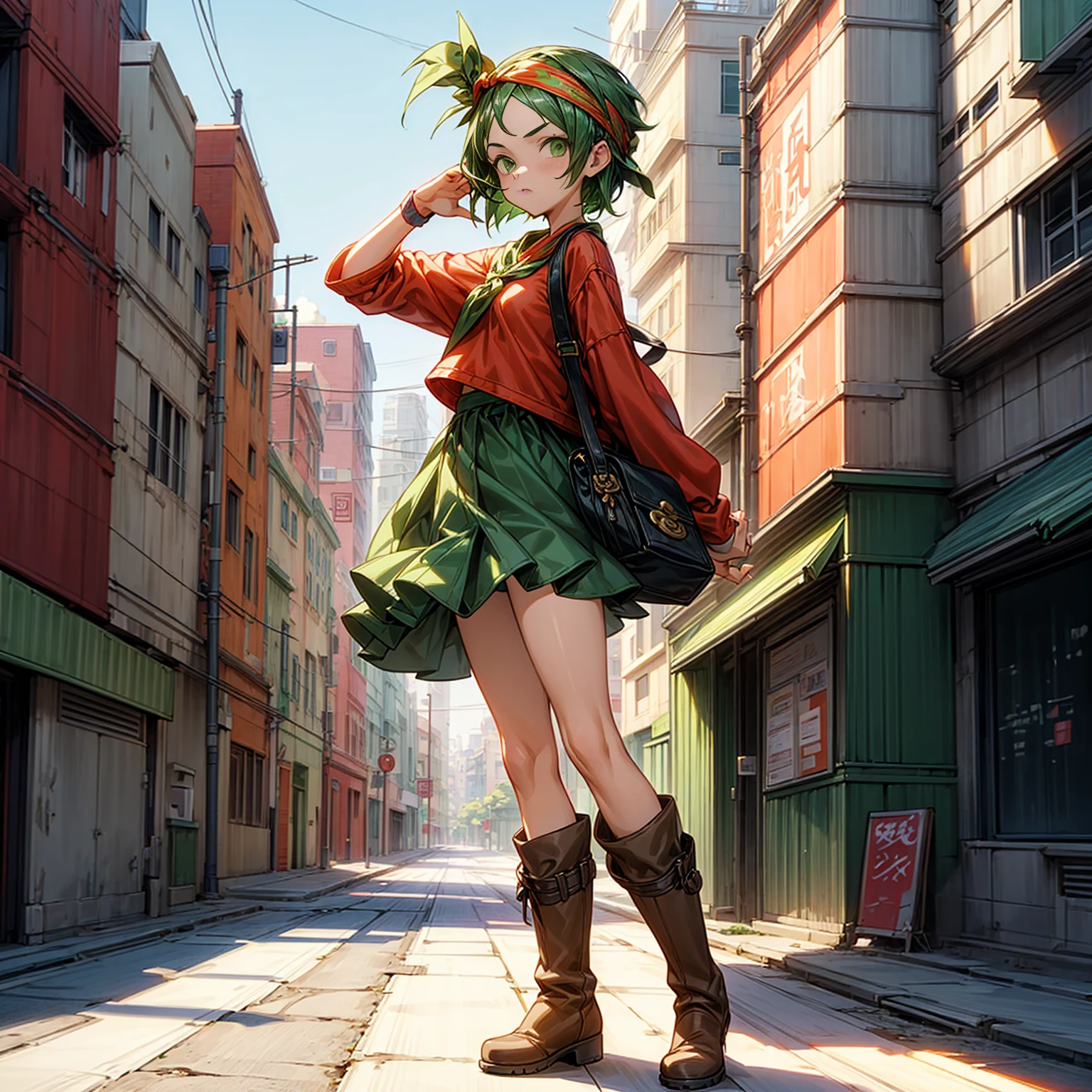<lora:koala_(one_piece):0.8>, koala \(one piece\),hat,cabbie hat,goggles on headwear,short hair,blue eyes,large breasts,shirt,frilled shirt,pink shirt, gloves,brown gloves,belt,skirt,red skirt,frilled skirt,thighhighs,black thighhighs,boots,high heels,brown footwear, outdoor, alleyway, brick path, walking, seductive grin,