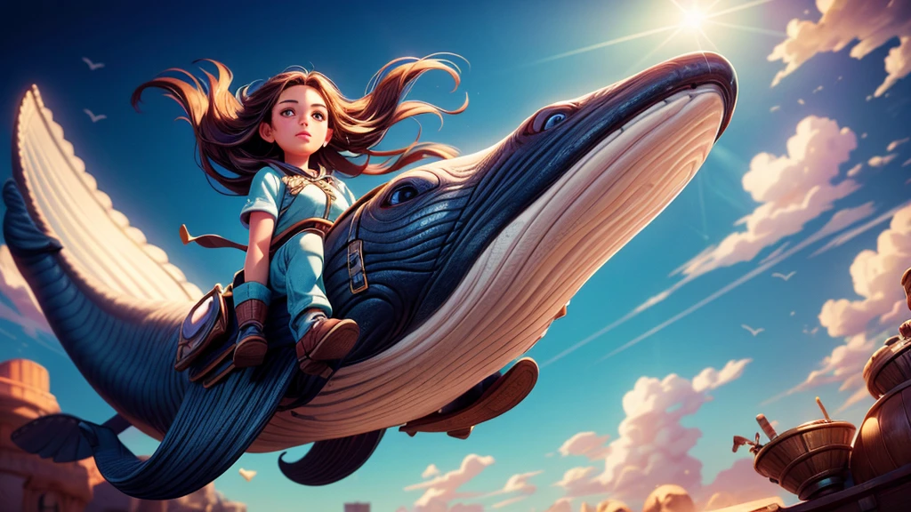 a whale flying through space, girl riding on whale's back, dramatic cinematic lighting, vibrant colors, masterpiece, 8k, photorealistic, digital painting, ultra-detailed, sharp focus, physically-based rendering, vivid colors, professional