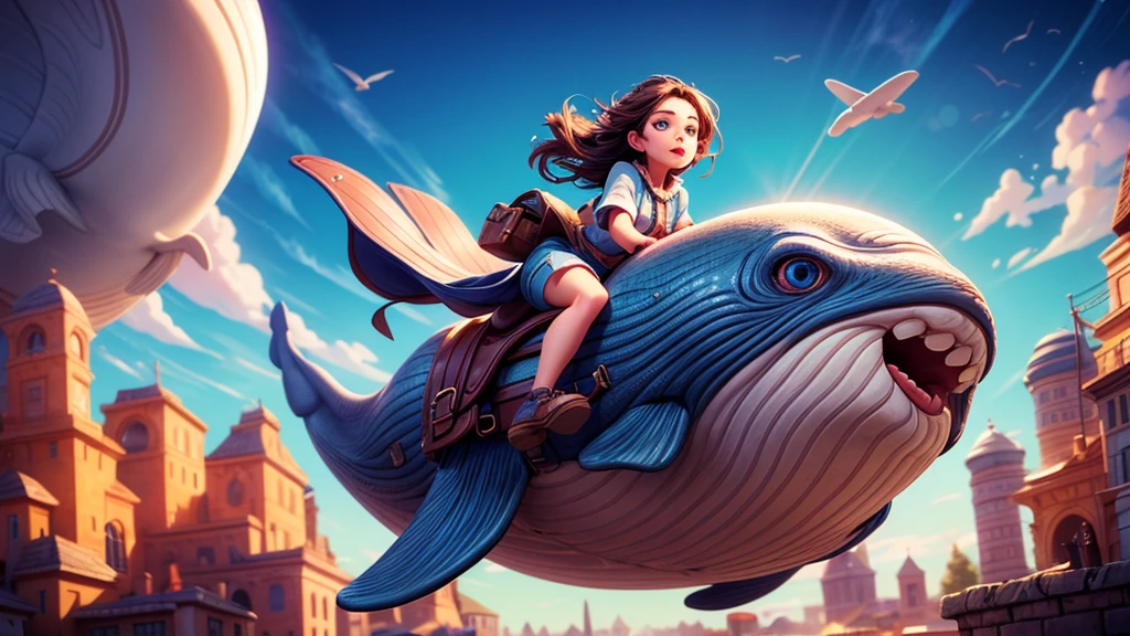 a whale flying through space, girl riding on whale's back, dramatic cinematic lighting, vibrant colors, masterpiece, 8k, photorealistic, digital painting, ultra-detailed, sharp focus, physically-based rendering, vivid colors, professional