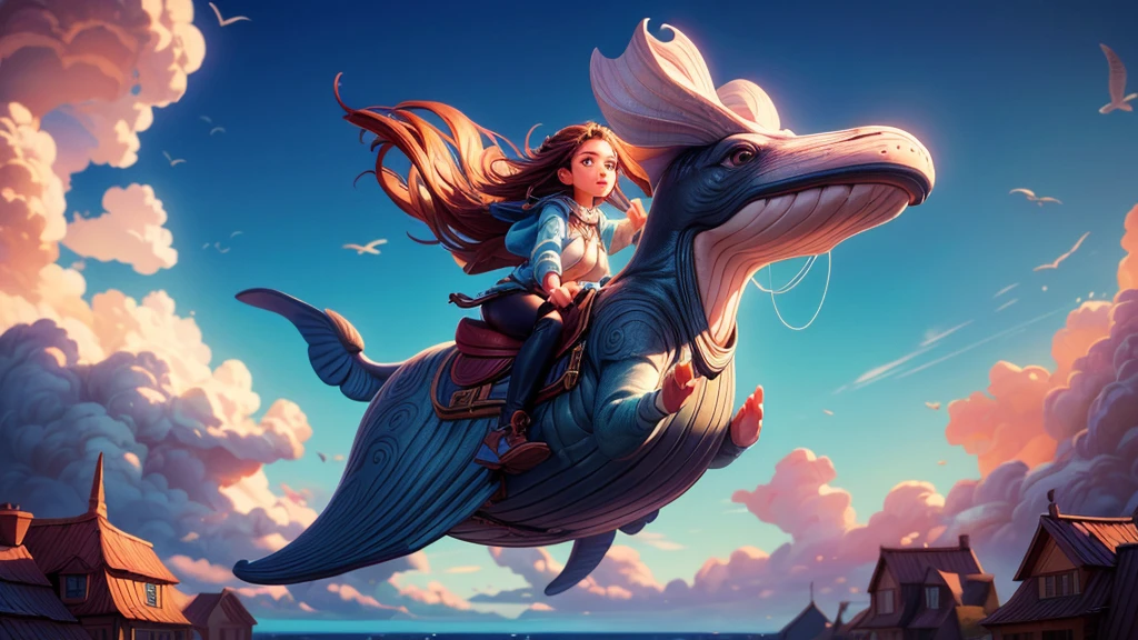 a girl riding a flying whale, clear sky, refreshing wind, beautiful detailed eyes, beautiful detailed lips, extremely detailed eyes and face, long eyelashes, detailed studio lighting, high quality, 8k, photorealistic, masterpiece, digital painting, dramatic lighting, vibrant colors, cinematic composition