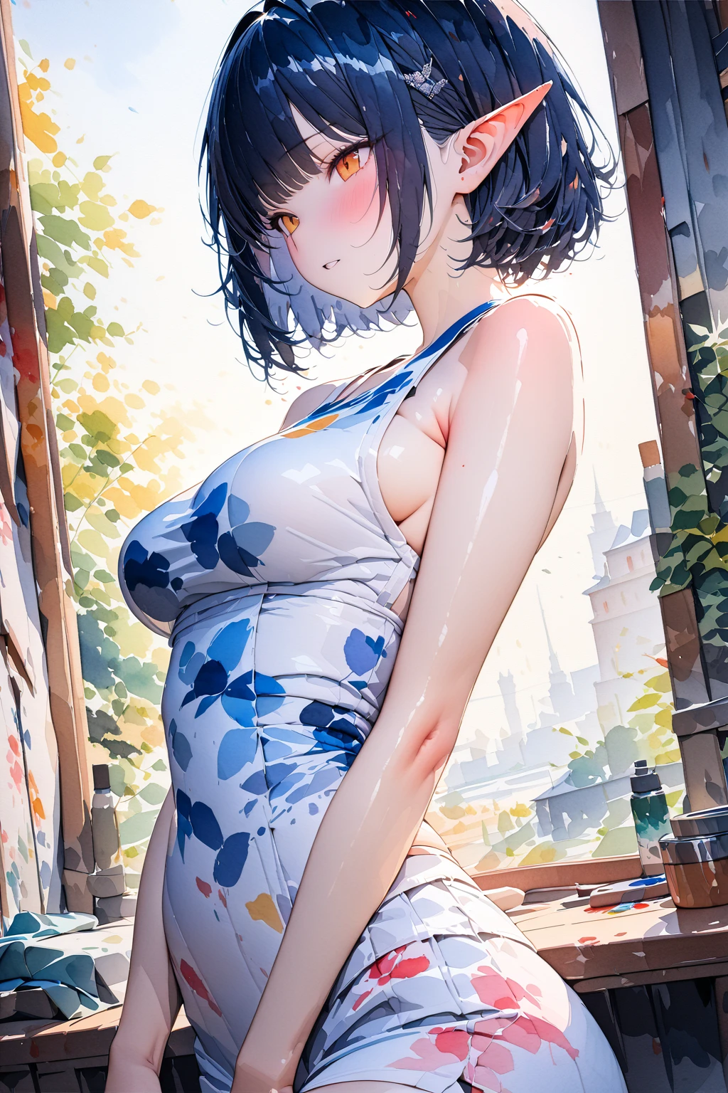 (masterpiece, best quality:1.5), (ultra detailed, high resolution, 8k, beautiful detailed, UHD, best anatomy), blue bob cut hair, medium breasts, 1 cute elf, (watercolor painting Art:2), gorgeous, genial, colorful