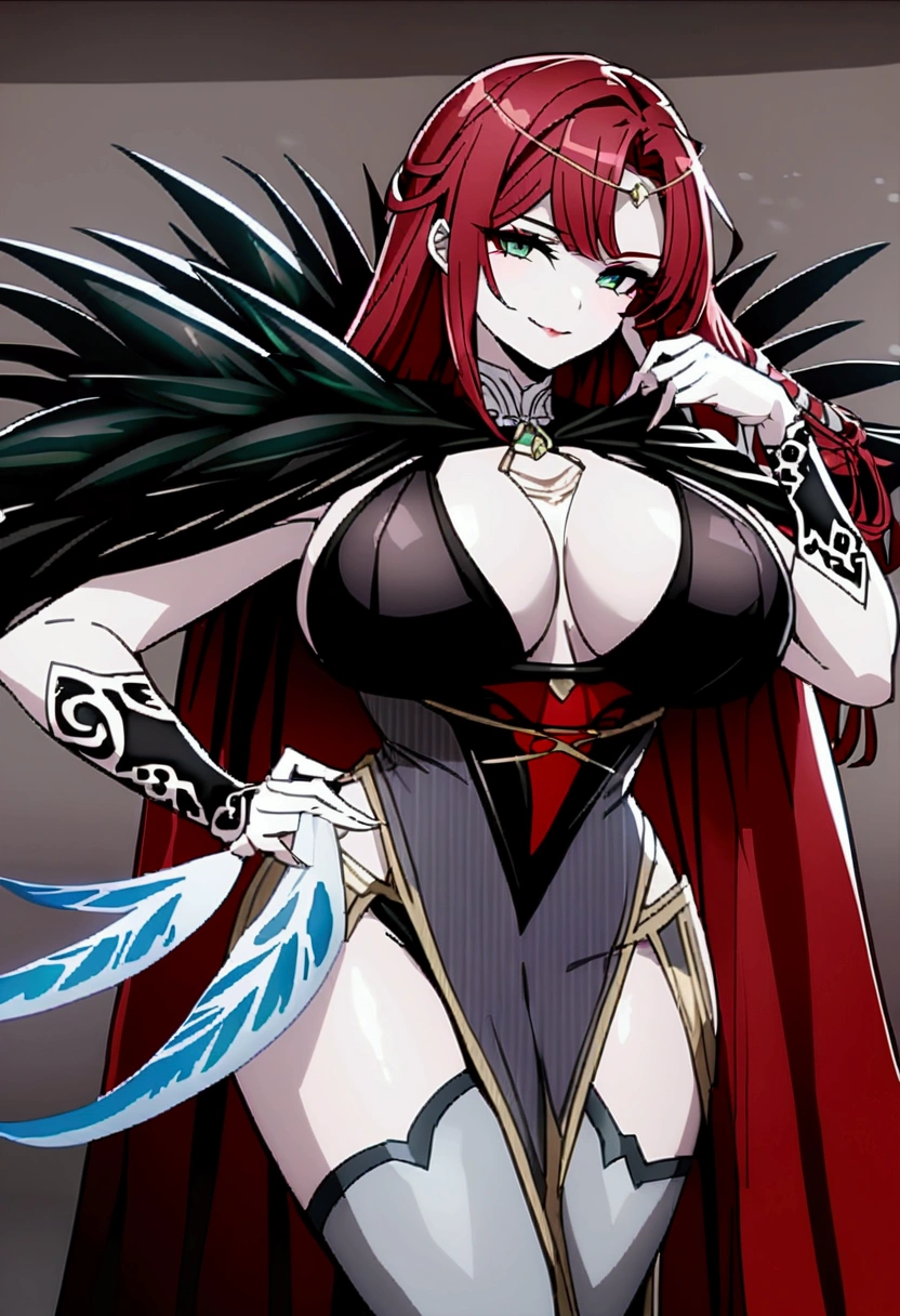 A sorceress with long red hair, long black low-cut dress, black feathers on the shoulders of the dress, bountiful breasts, evil gaze