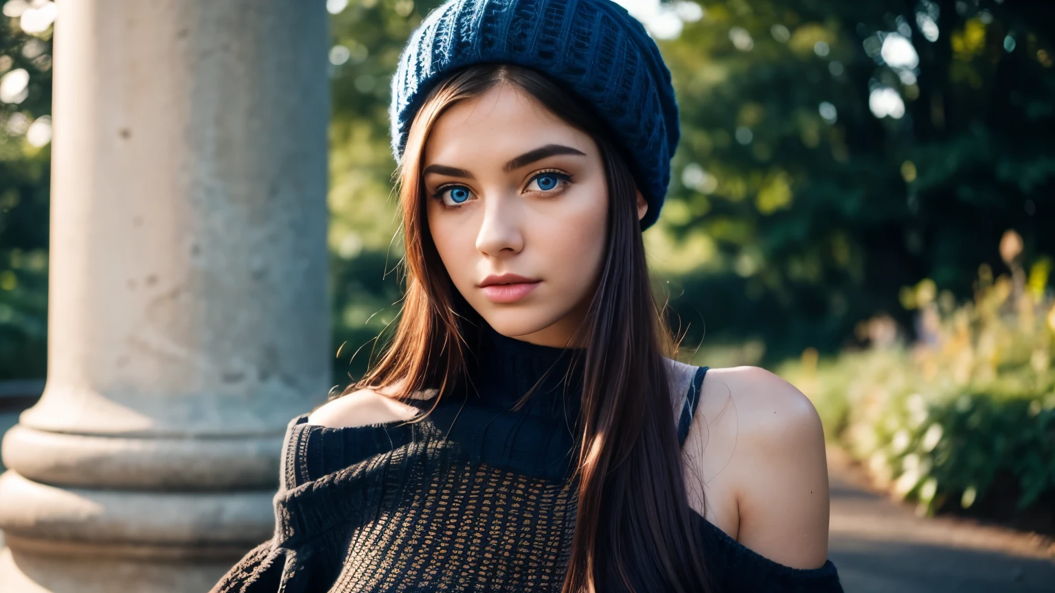 Masterpiece, 20 year old woman, full body, he highest quality, big blue eyes,proportionate lips , Colorful cinematic lighting, knitted black dress with bare shoulders, with overflow [blue|red] Hair, (wearing crochet berets), (Perfect face:1.1), sitting under a light post, at night, dappled light, romantic, HDR, Very detailed, 8k, Hyper realistic, shot at eye level, Cinestill 800