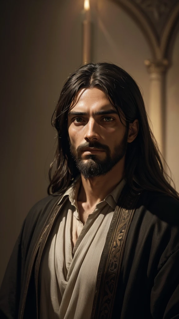 A detailed portrait of Jesus Christ, with a compassionate and intense expression. Jesus is looking directly at the viewer, conveying a deep and empathetic connection. The dramatic lighting enhances his features, creating a chiaroscuro effect that adds depth and contrast to the image. The portrait, In the style of oil painting, features a religious atmosphere with an ornate background that nods to traditional Christian iconography. Inspired by the Renaissance style, the image displays dramatic shadows and vivid colors, with cinematic lighting that accentuates the emotion of the moment. Facial features are highly detailed, capturing every nuance of expression and skin texture. The work is a true masterpiece, high quality and resolution, in 8K, with impressive photographic realism.