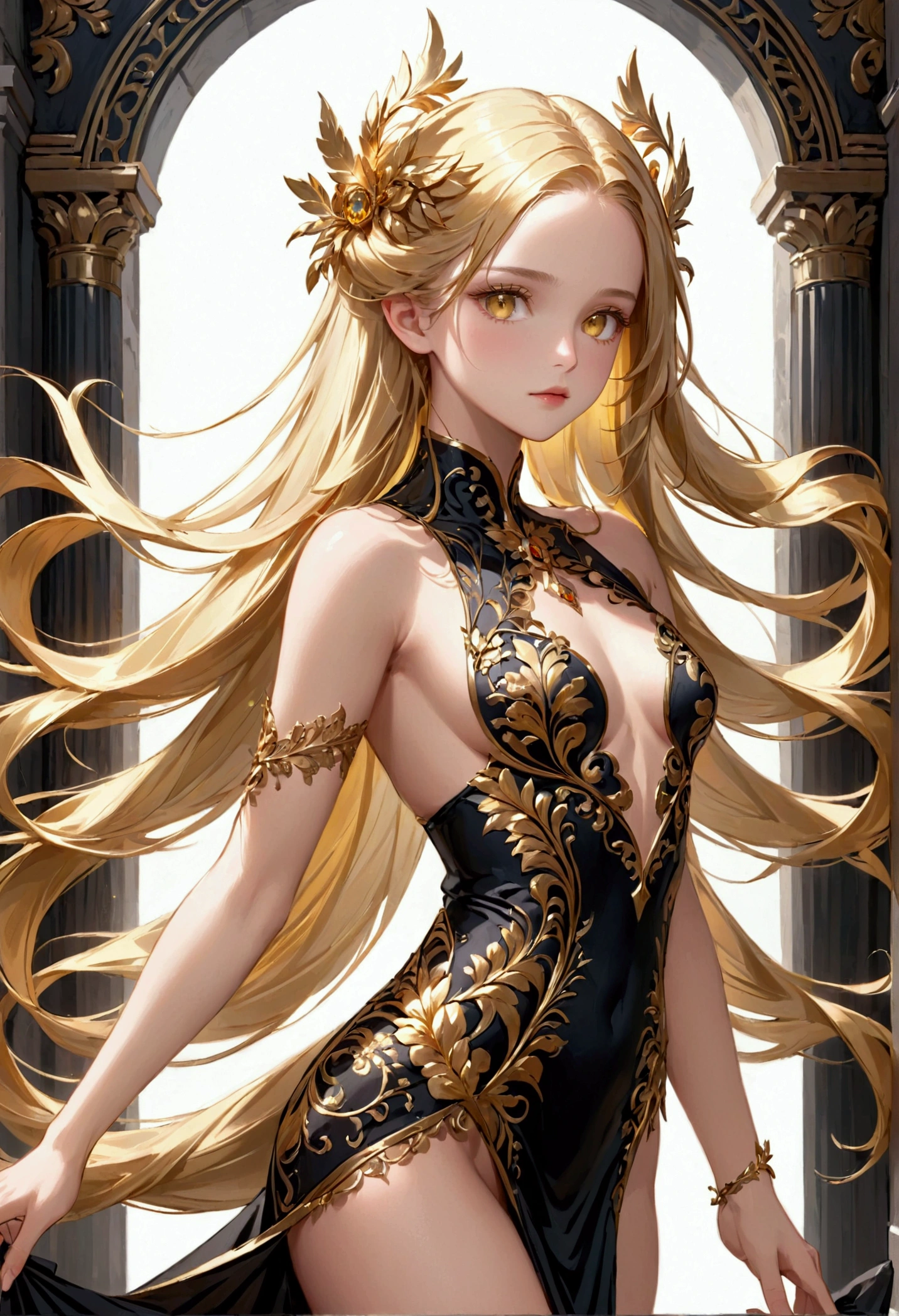 Long golden hair and golden eyes, elegant body