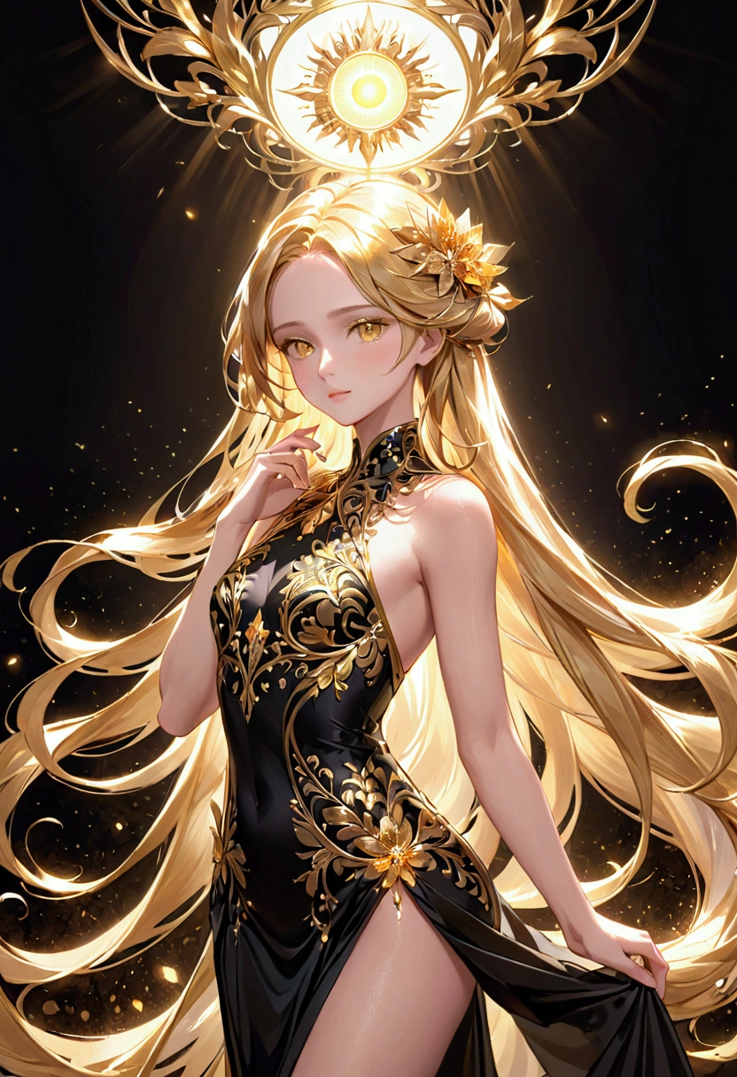 Long golden hair and golden eyes, elegant body