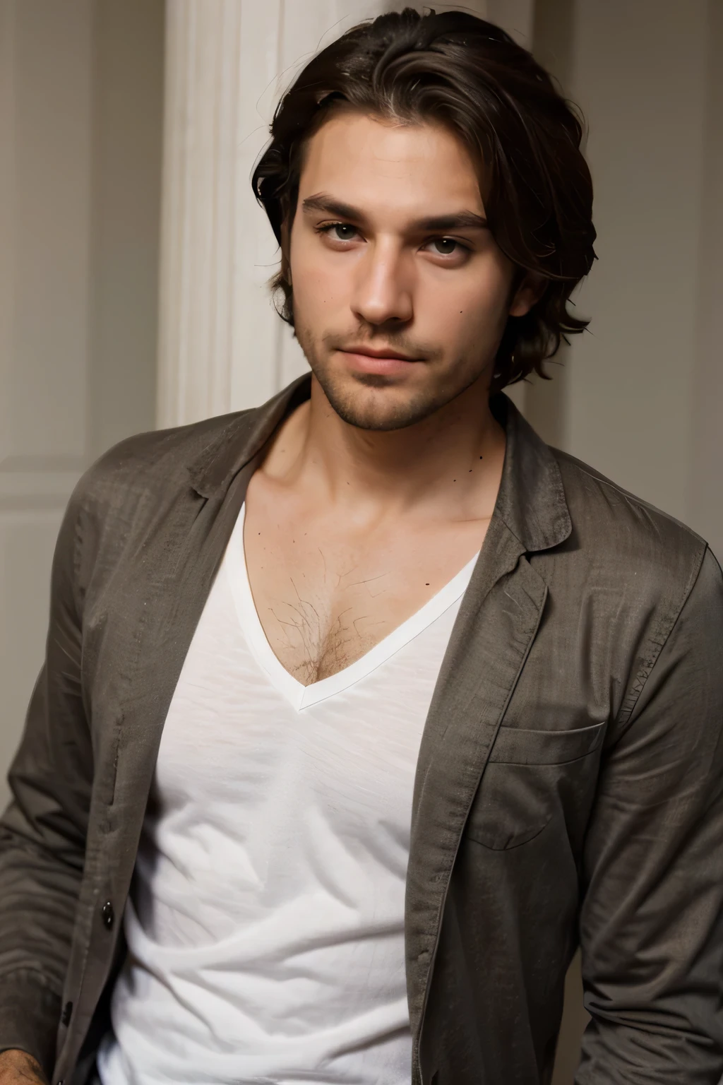Male stubble beard brown handsome green eyes thin middle curly hair classy dressed casual badass