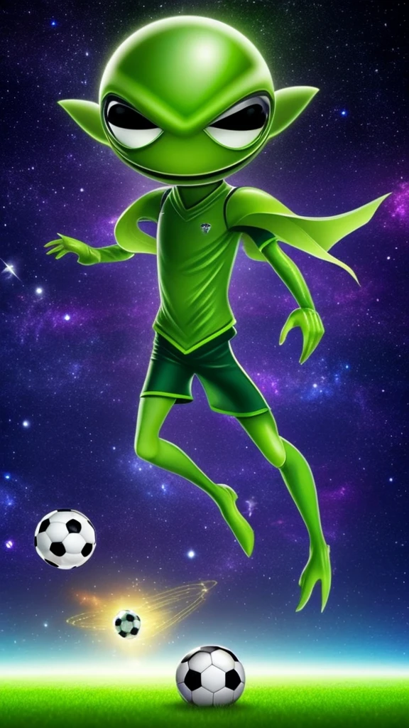 A male green alien playing soccer. On a galaxy