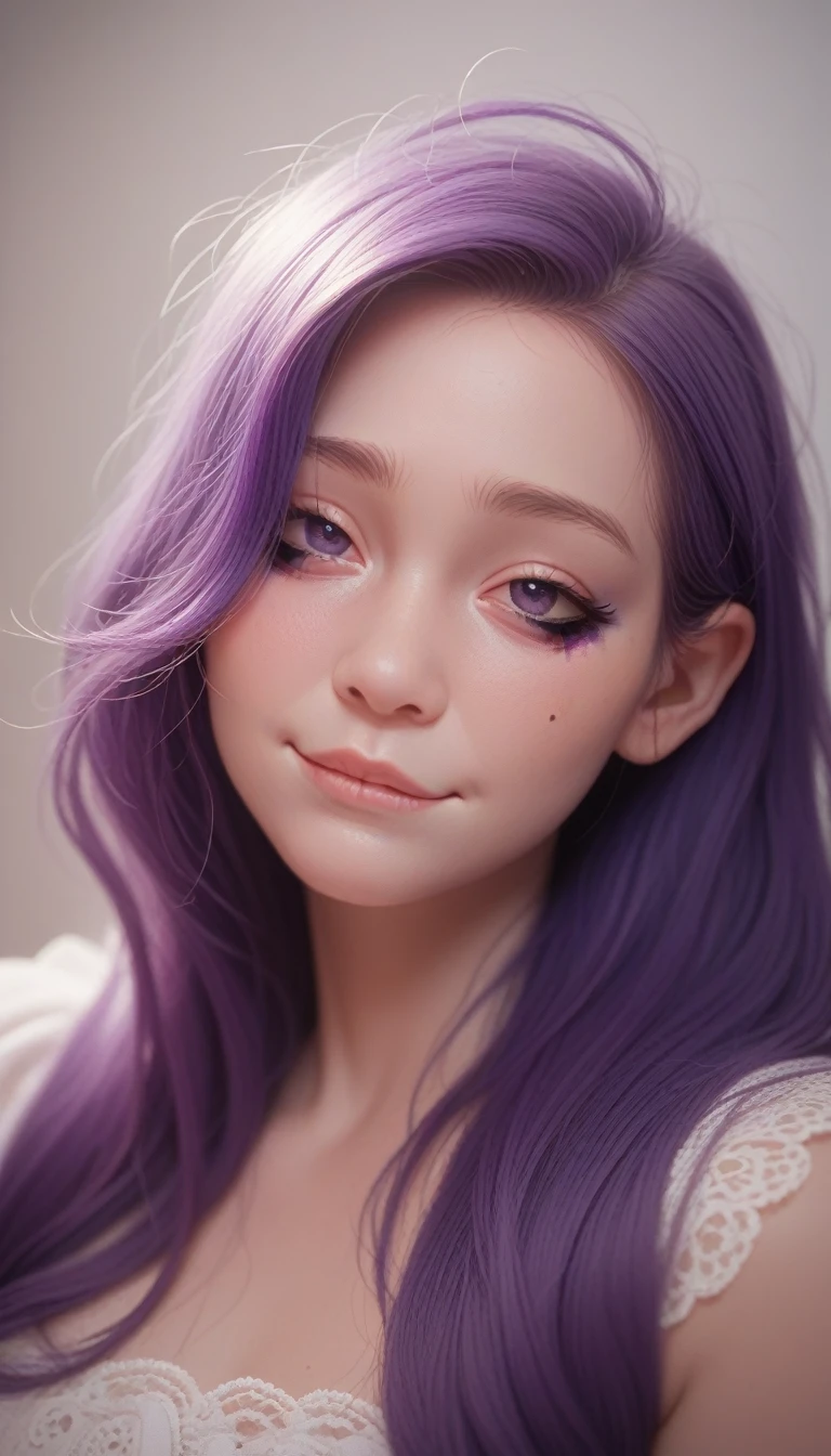 score_9_up, score_8_up, score_7_up, score_6_up,(32K) 16K, 8K, 4K, Very delicate face, Little mouth, Bitten lip makeup, Sissy, Purple Hair, Purple Eyes, high resolution, perfect. portrait.