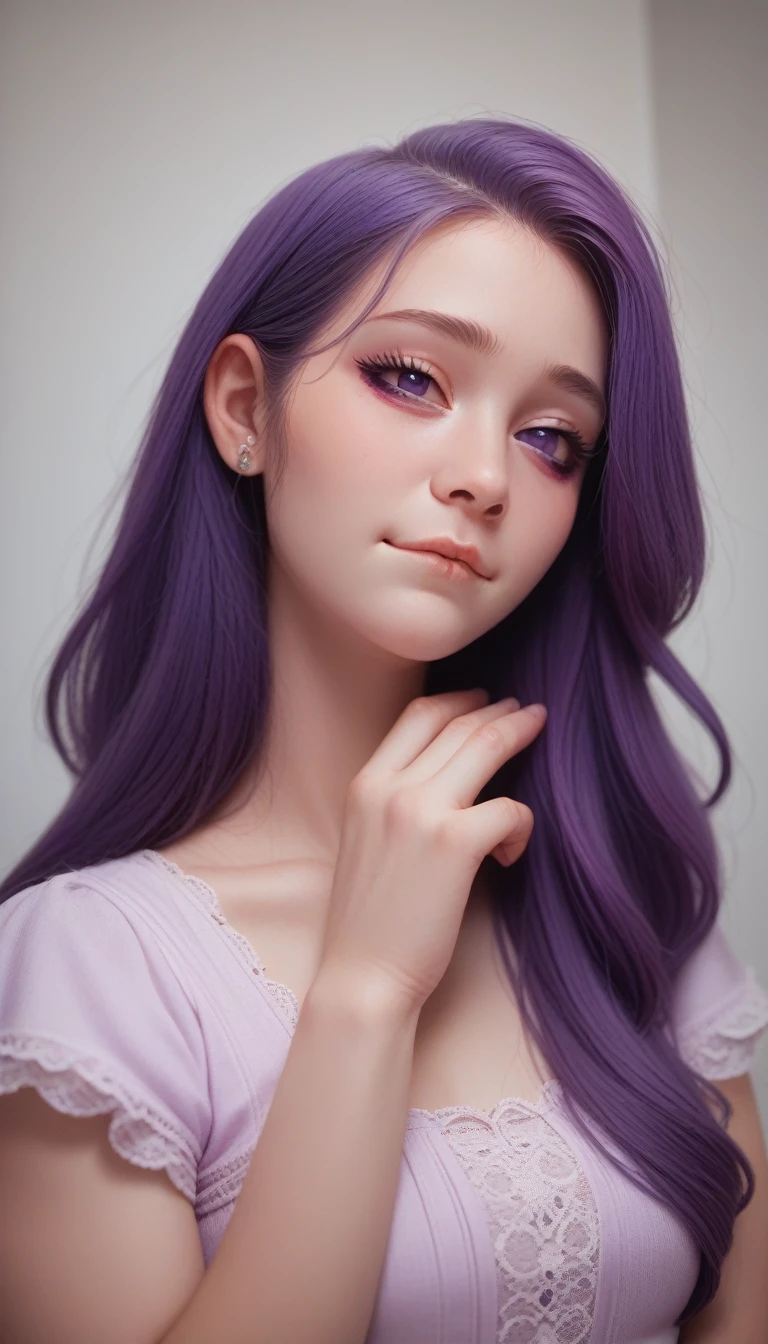 score_9_up, score_8_up, score_7_up, score_6_up,(32K) 16K, 8K, 4K, Very delicate face, Little mouth, Bitten lip makeup, Sissy, Purple Hair, Purple Eyes, high resolution, perfect. portrait.
