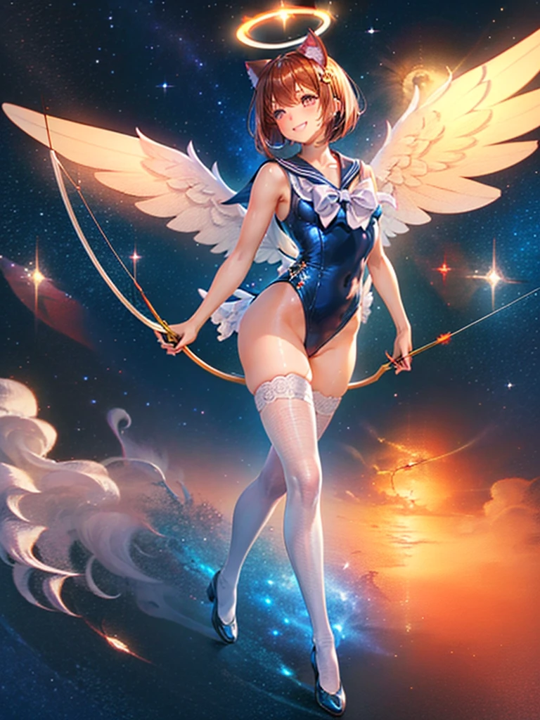 Highest quality,Highest Resolution,Masterpiece,(((A beautiful girl in a sailor leotard with a smile on her face))),High leg,Frills,White knee-high stockings,,Red tie,(((Cat ear))),(((Halation))),Brown hair short bob,(((archery))),White angel wings on the back,universe,Milky Way,Meteor,dark,Bow of Light,whole body,Bow of Light,A distant view,Side view,(((Draw the bow))),Halo,弓を引いている,