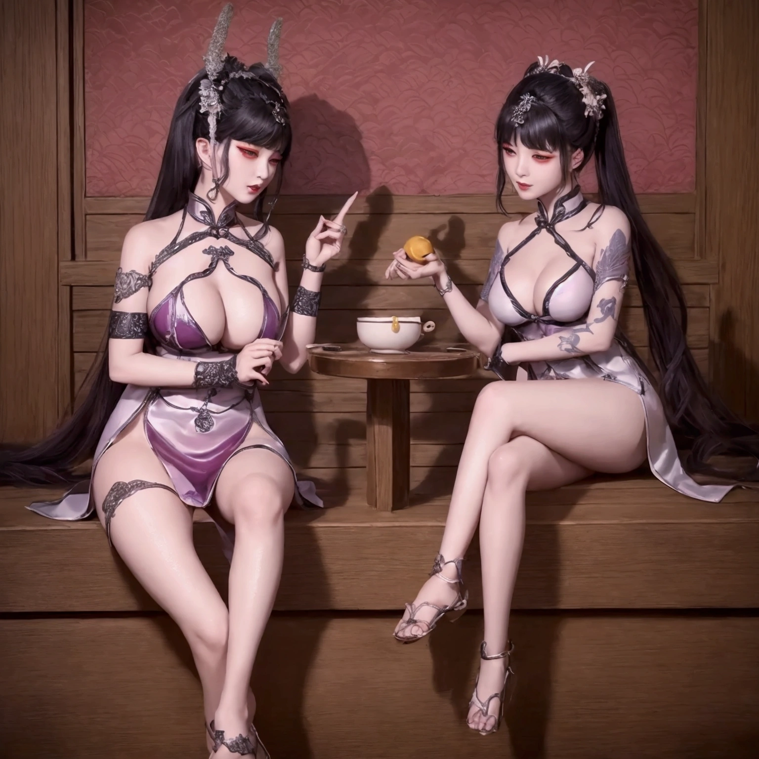 几个性感美艳的Demon Cult妖女堕落的形象。Wearing sexy ultra-low-cut Hanfu。Full body image with black as the main color。Make the characters more fleshed out。Want sexy Hanfu full body portrait of Chinese ancient costume fairy elements real photography style,Emphasis on real-life photography style。Based on real actors。The scene can be a palace,Demon Cult,battlefield。Restaurant。Costume matching。To look voluptuous, sexy, mysterious and decadent。To let people know at a glance that these people are bad women and villains。It is degenerate,只知享受醉生梦死的Demon Cult妖女。Makeup should be charming。Snake tattoos or skull tattoos can be added to the exposed skin appropriately.。The background can be designed with some flashy, extravagant and decadent atmosphere。The generated work requires the whole body to be perfectly reflected from hair to toes。Note that there should be at least two characters in the group portrait