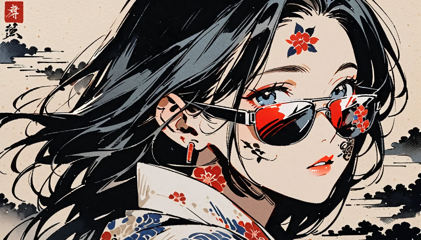 Ink Painting, (((1 girl))), (((Tattoo on face))), (((sunglasses))), Japanese style headphones, face close-up, Japanese beautiful girl, Black Hair, Delicate and precise, Modern ukiyo-e style