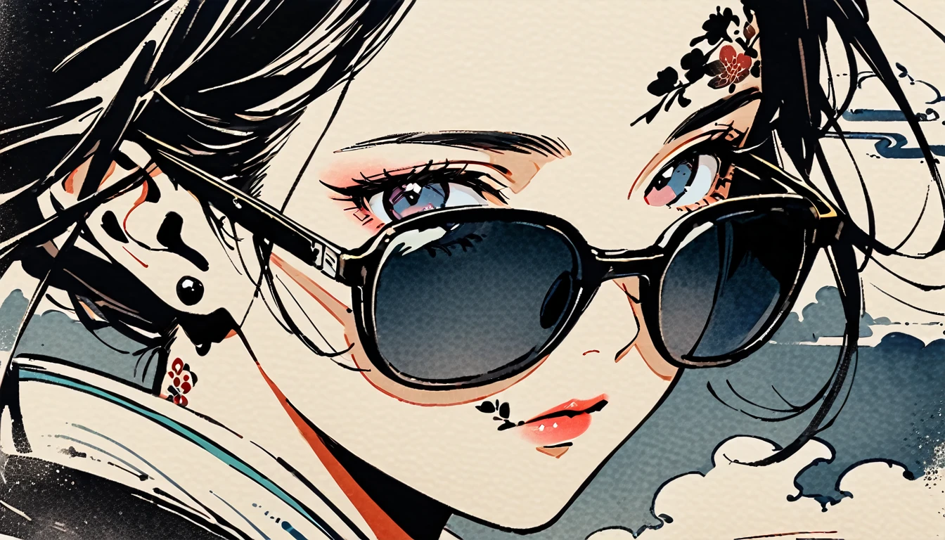 Ink Painting, (((1 girl))), (((Tattoo on face))), (((sunglasses))), Japanese style headphones, face close-up, Japanese beautiful girl, Black Hair, Delicate and precise, Modern ukiyo-e style