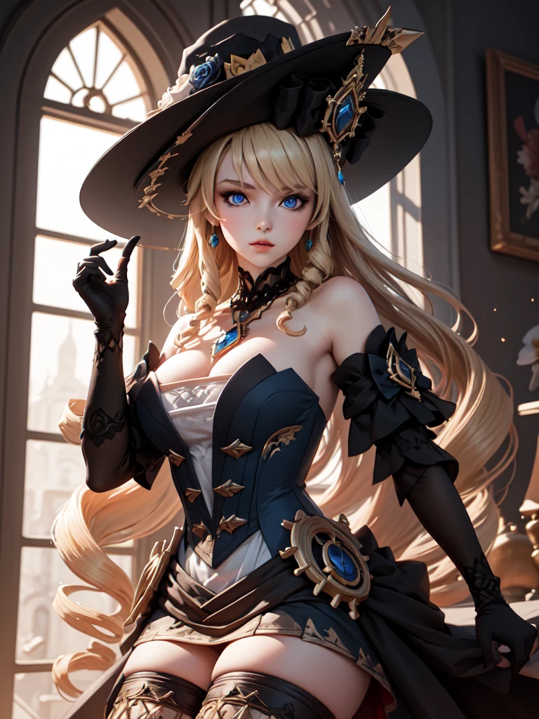 (masterpiece, best quality), 1girl,  navia,long hair,blonde hair,hat, witch hat,blue eyes,dress,bangs,black headwear,gloves,bare shoulders,flower,jewelry,thighhighs,black gloves,drill hair,detached sleeves,