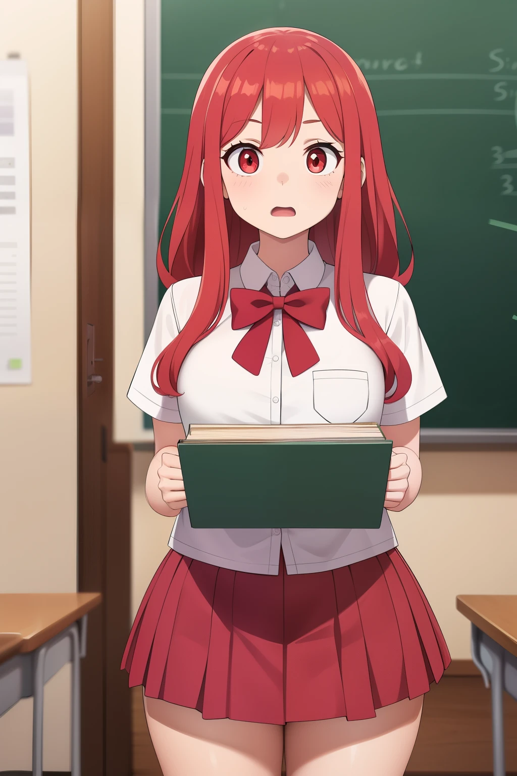 1 young woman, long puffy ginger red hair, red eyes, shocked face, peach skin, school girl, wearing a white school shirt, pink bow tie, pink mini skirt, at school