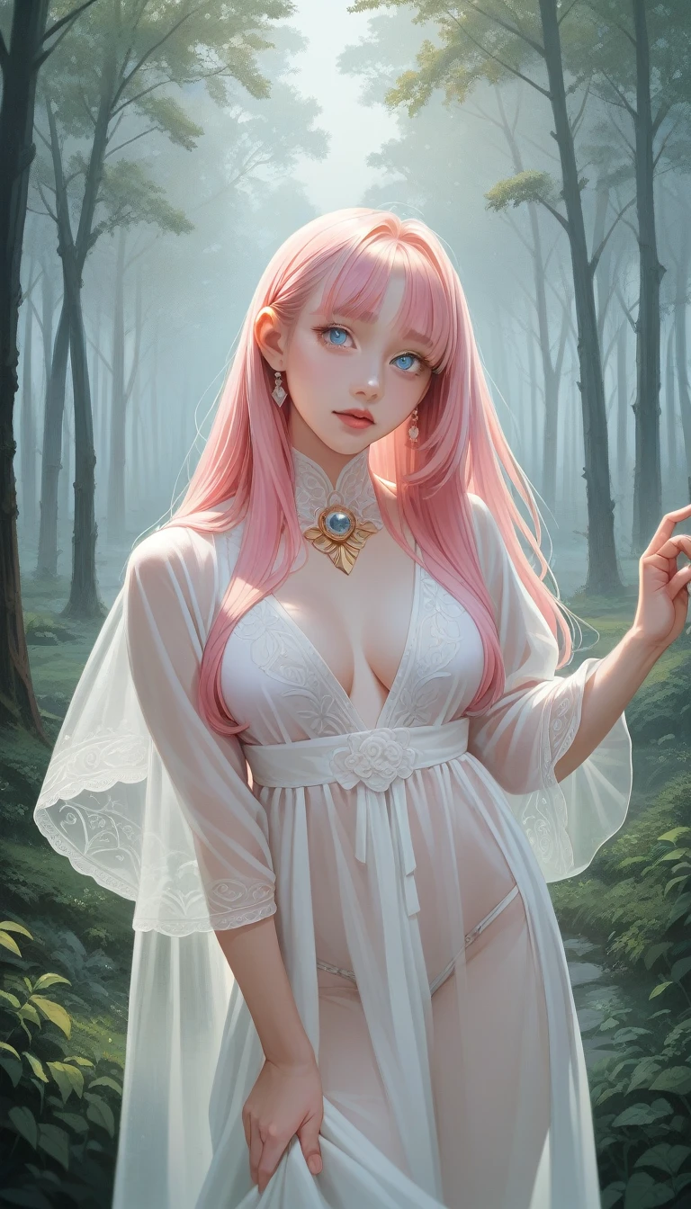 score_9_up, score_8_up, score_7_up, score_6_up,Translucent Zero Water, Good velvet quality, Zero Server, Compared, Divine Light, blue eyes, Pink Hair, Woods background, Absolute Strength,