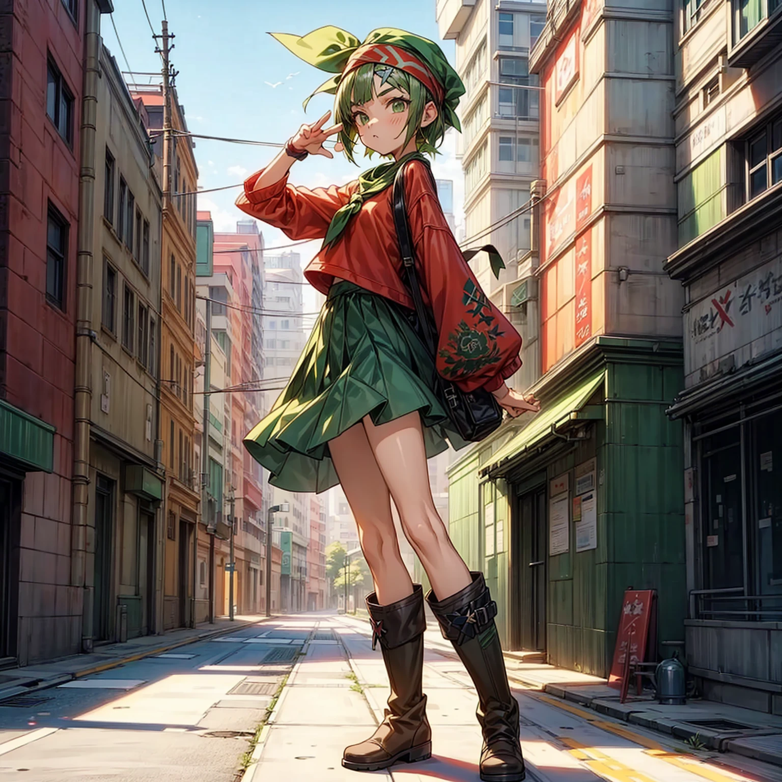 1children girl, Full body version, 1character, green eyes, short haircut, green color hair, casual style clothing, red colour clothing, headband bandana, boots, Grassroots, background in city street, motion blur, (Hunter x Hunter style art), standing gesture