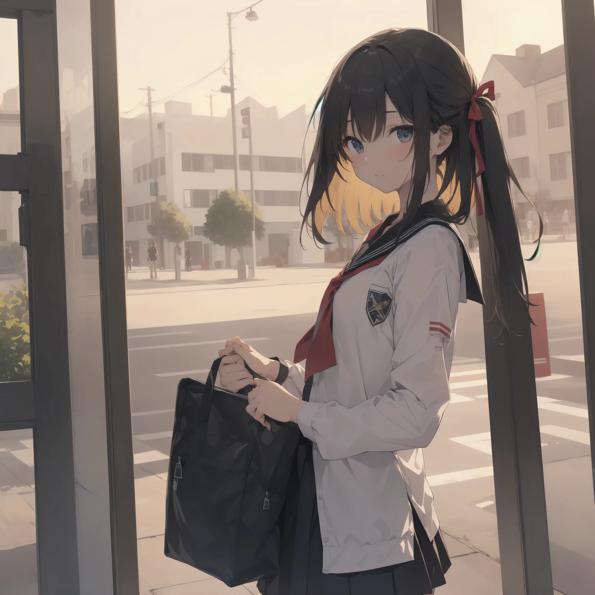 ultra-absurdres-Top quality by artist God, ultra-detailed, high resolution, anime moe artstyle, best anime 8k konachan wallpaper, pixiv contest winner, pool:2810, perfect anatomy,break, 1girl, (Please draw a girl walking sleepily to school alone. )break,(Solo,little female, 13-year-old:1.3),Full limbs, complete fingers,a junior high school student, (very short hair), short cut, flat chest, , small butt, small black eyes, beautiful detailed eyes, well-proportioned iris and pupils, expressive eyes, highres detailed hair, soft expression, salor school_uniform, sailor collar, serahuku, bow, pleated skirt,(Detailed Lighting), (Detailed background), in the School commute route. break,super detailed skin, Best cinematic lighting powered by famous artist, 8k,beauty illustration,photoshop_(medium),very aesthetic,break,((artist:yuuhagi_(amaretto-no-natsu) )), artist:clamp ,artist:carnelian ,artist:kantoku ,