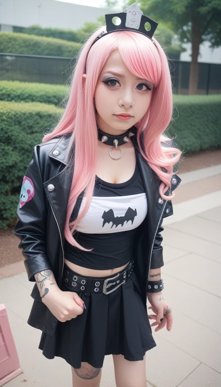 score_9_up, score_8_up, score_7_up, score_6_up,araffe girl Pink Hair and a crown on her head, Wearing punk clothing, Wearing hardcore punk clothing, Anime Girl Cosplay, Cybergoth, Wearing punk clothing, kerli koiv as anime girl, 1 7 year old anime goth girl, Belle Delphine, Anime role playing, Pink Hair, Anime girls in real life, Punk Girl