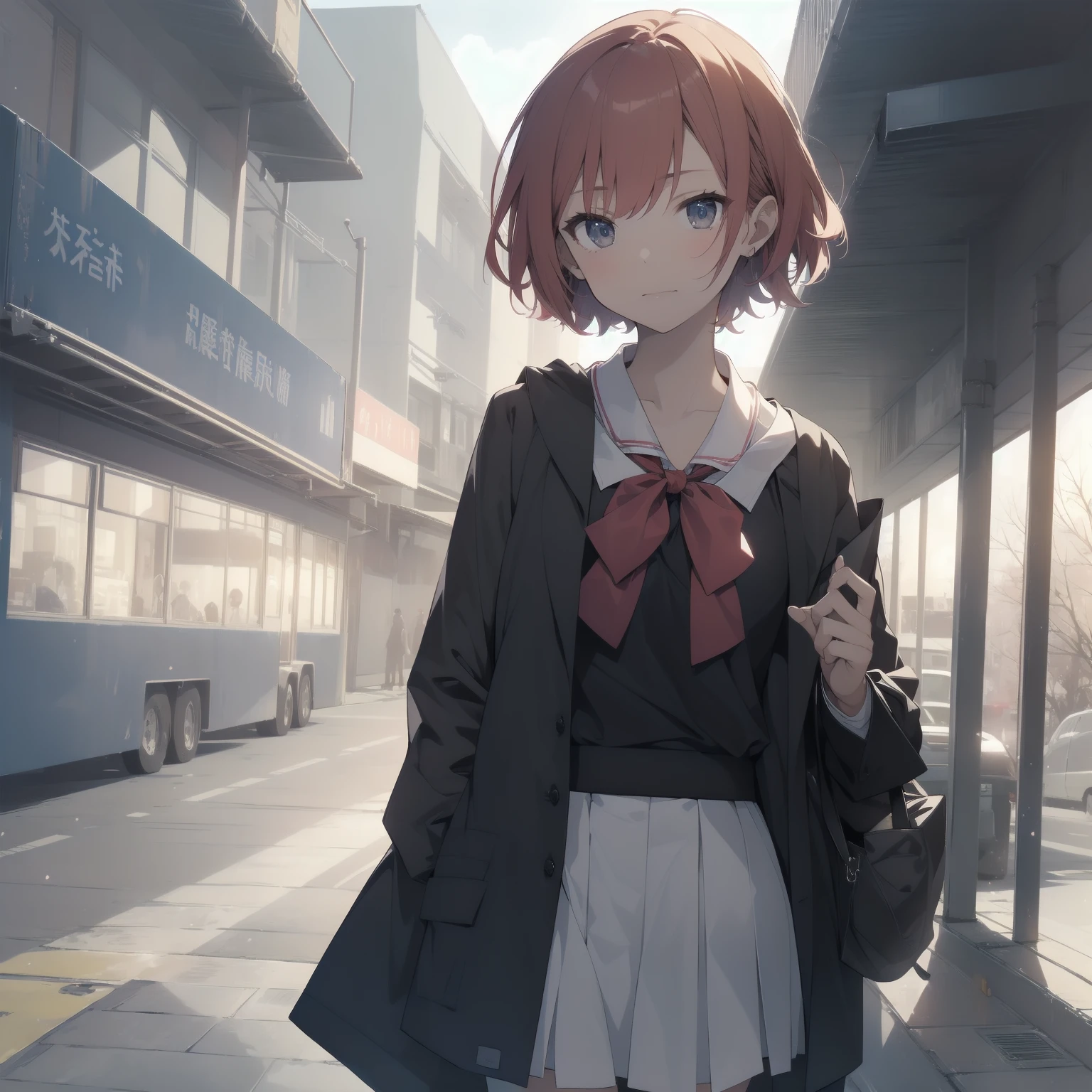 ultra-absurdres-Top quality by artist God, ultra-detailed, high resolution, anime moe artstyle, best anime 8k konachan wallpaper, pixiv contest winner, pool:2810, perfect anatomy,break, 1girl, (Please draw a girl walking sleepily to school alone. )break,(Solo,little female, 13-year-old:1.3),Full limbs, complete fingers,a junior high school student, (very short hair), short cut, flat chest, , small butt, small black eyes, beautiful detailed eyes, well-proportioned iris and pupils, expressive eyes, highres detailed hair, soft expression, salor school_uniform, sailor collar, serahuku, bow, pleated skirt,(Detailed Lighting), (Detailed background), in the School commute route. break,super detailed skin, Best cinematic lighting powered by famous artist, 8k,beauty illustration,photoshop_(medium),very aesthetic,break,((artist:yuuhagi_(amaretto-no-natsu) )), artist:clamp ,artist:carnelian ,artist:kantoku ,
