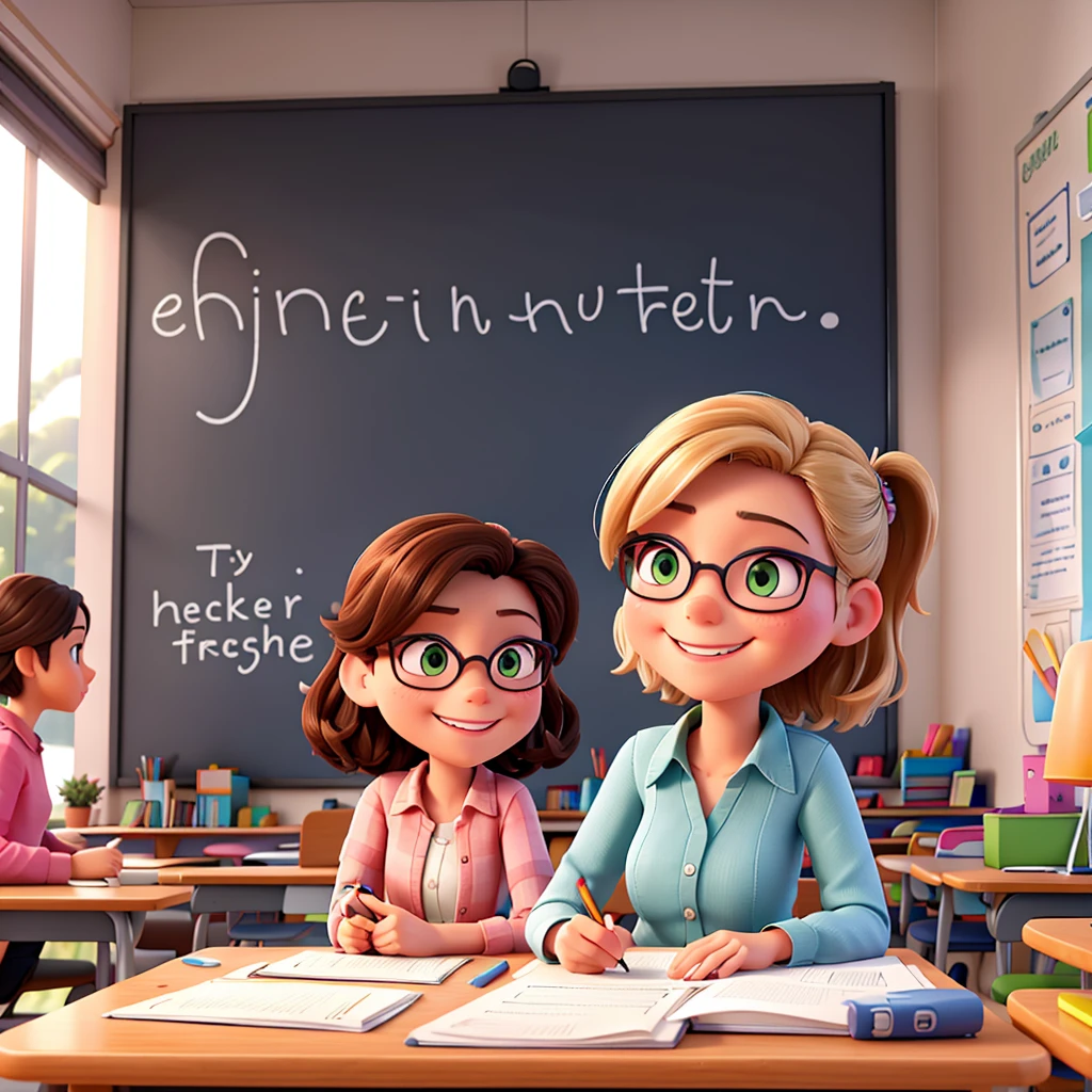 image of a happy teacher writing on the board with chalk while happy students are studying